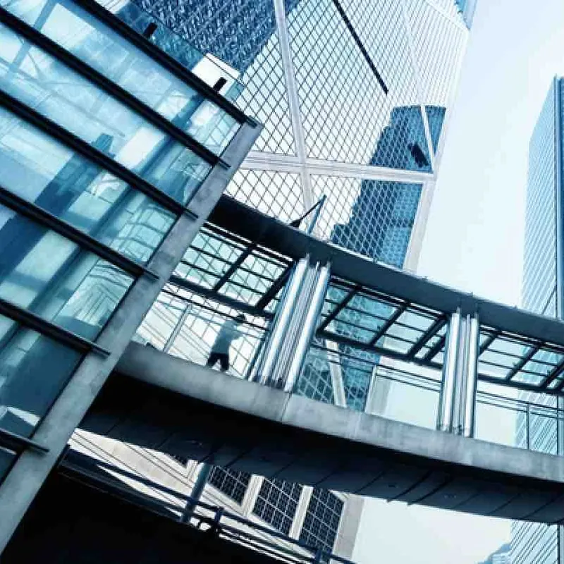 Glass towers and a covered walkway